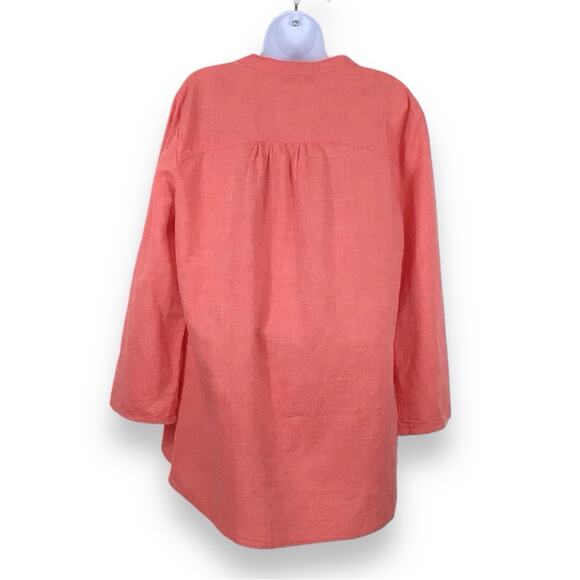 ELLEN TRACY LINEN Split Neck 3/4 Length Sleeve Coral Tunic size L - Picture 5 of 10